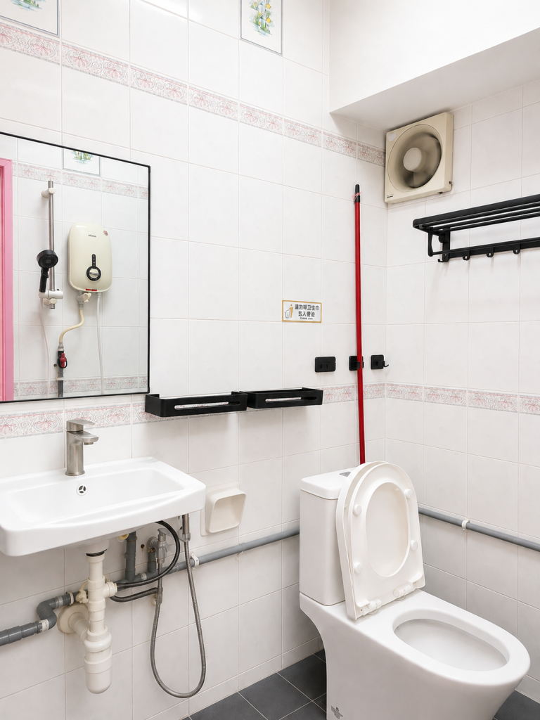 IMU Accommodation bathroom setup with exhaust fan